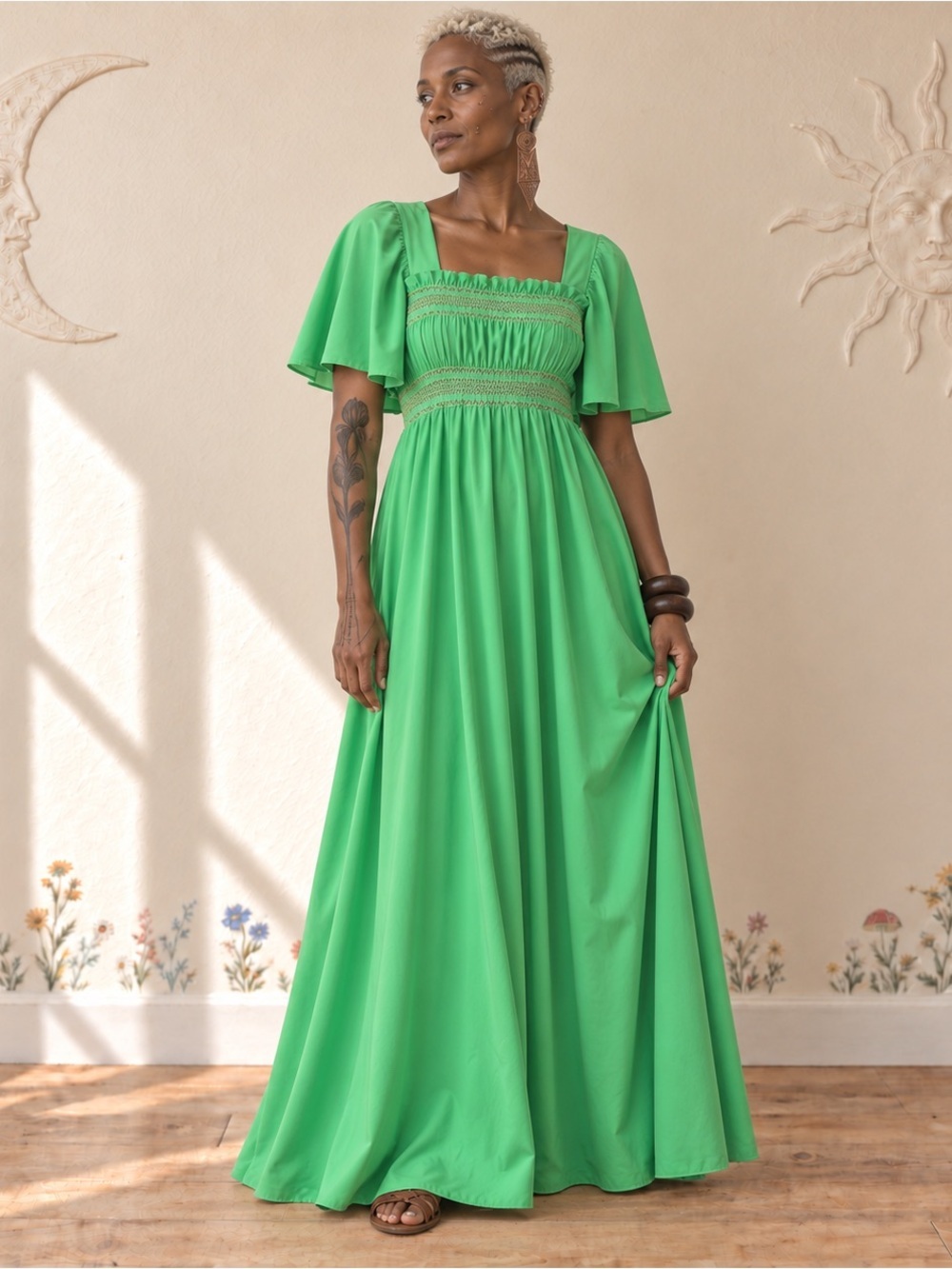 Vintage Ronda Roy Green Smocked Empire Waist Boho Maxi Dress